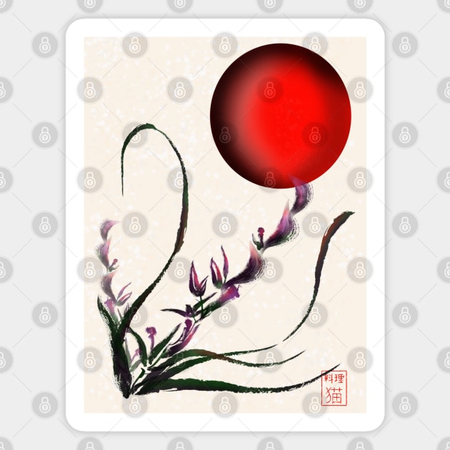 Sumi-e orchid with red rising sun Magnet by cuisinecat